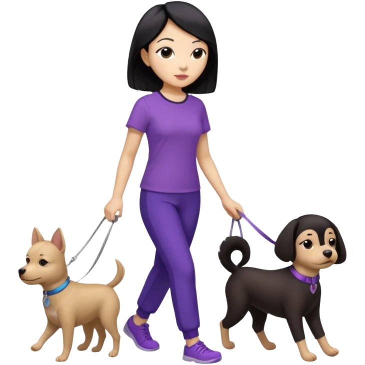 black hair Chinese woman wearing purple top and black pants walking one small brown dog emoji