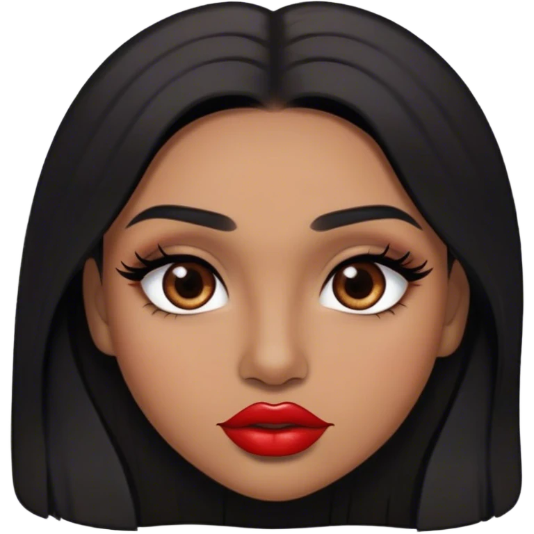 Woman, light brown skin, black long hair, medium arched eyebrows, brown eyes, full lashes, and red lips emoji