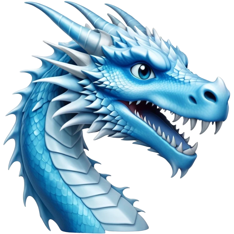 Cinematic Noble elegant Ice Dragon Portrait Emoji, Poised and imposing, distinct long elegant snout, with a slender, scaled body shimmering in glacial hues of icy blue, frostbitten silver, and crystalline white, breathing out frost, with piercing, glowing ice blue white eyes that radiate the chilling depths of an arctic storm; rendered in detail. emoji