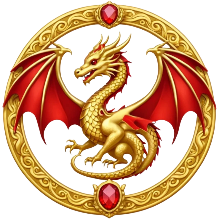 Golden Dragon with wings crest/brosch in a circle with red gems emoji