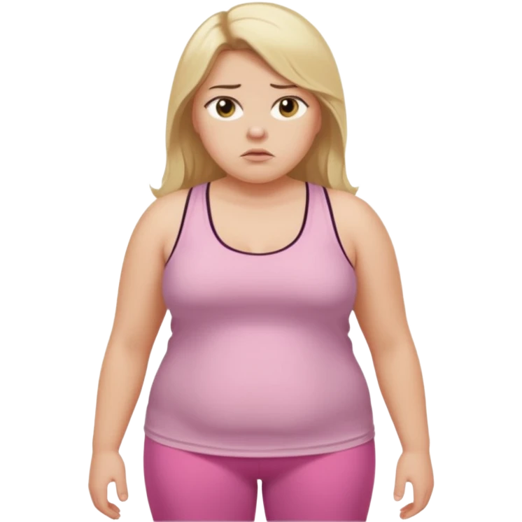 Create a young woman with long blonde hair, golden eyes, and medium-light skin tone, wearing a light pink tank top and leggings. but she is overweight  She should be in portrait mode, but with a subtle doubting facial expression—slightly raised eyebrow, small frown, emoji