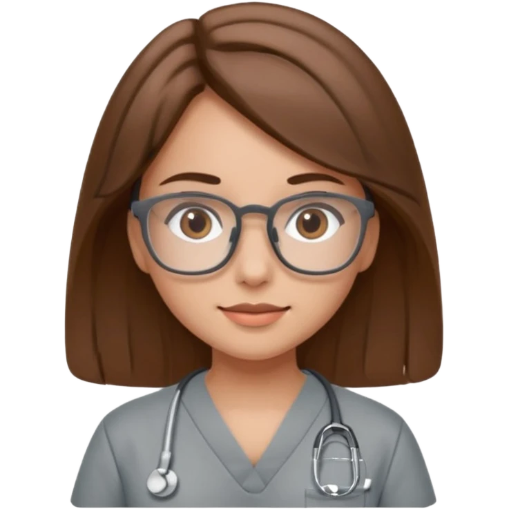 brown haired girl with grey scrubes and brown glasses squre emoji