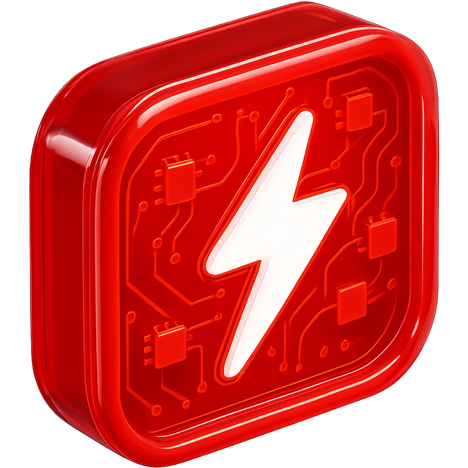 Make the lightning bolt pure white and the red background a more vivid, flashy red. Enhance the glossy circuit style for extra vibrancy and glossiness. emoji