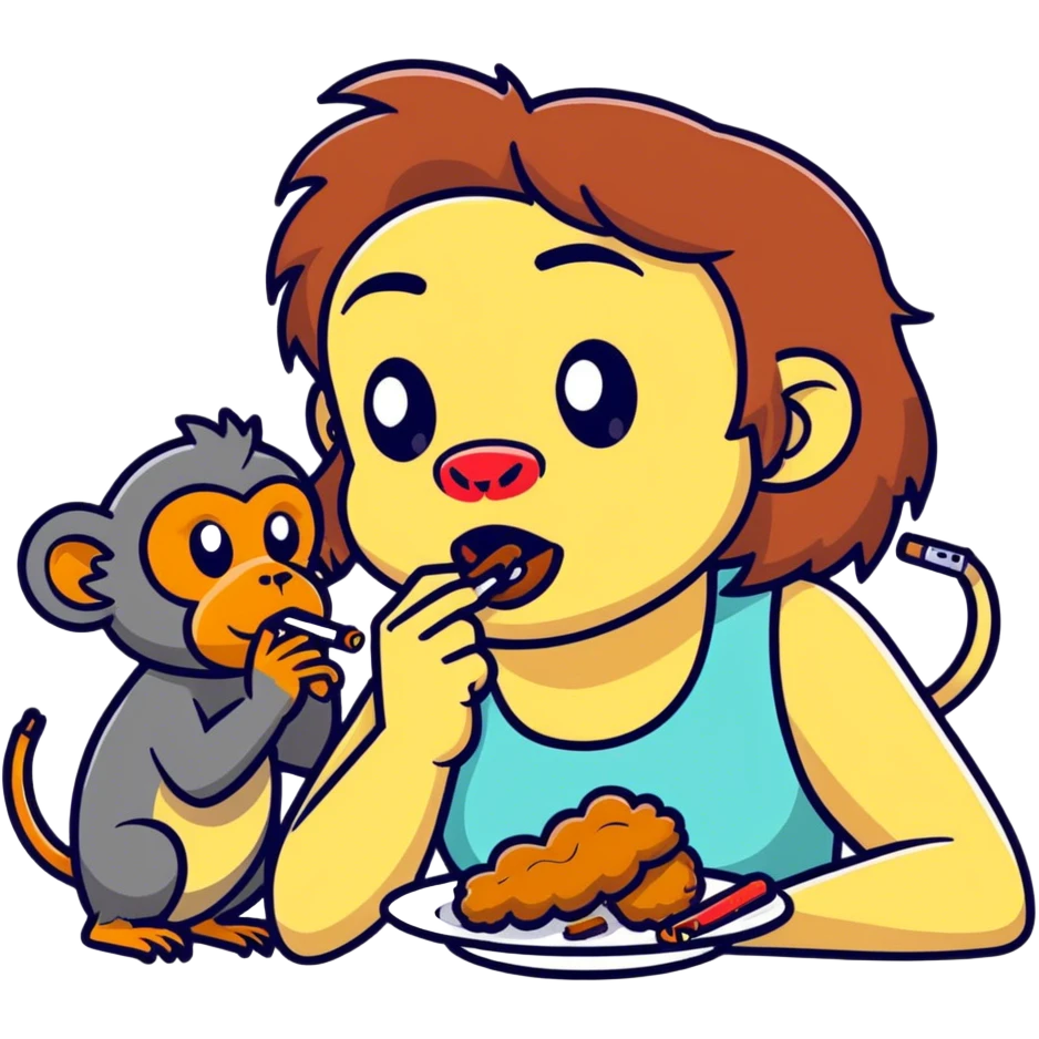 Girl vaping and smoking whilst eating chicken with baboon  emoji