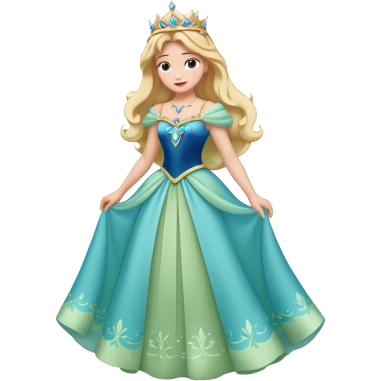 Princesa aurora Disney com vestido grande roda com uma tiara pequena e corpo inteiro, emoji