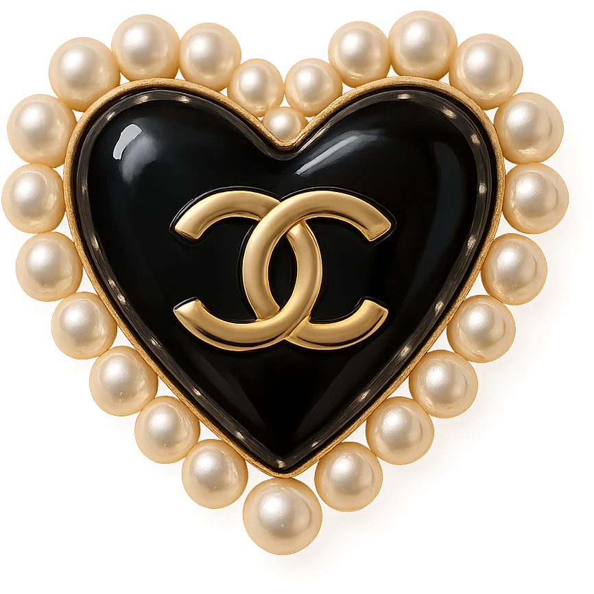  only the elegant heart with pearls and gold Chanel logo, glossy, pastel colors, realistic style, with no background. black pink,  emoji