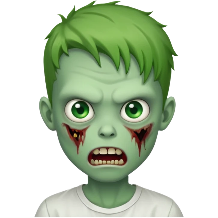 zombie boy with outgrown hair and wearing a white shirt with green prominent eyes and an evil mouth either open, green skin emoji