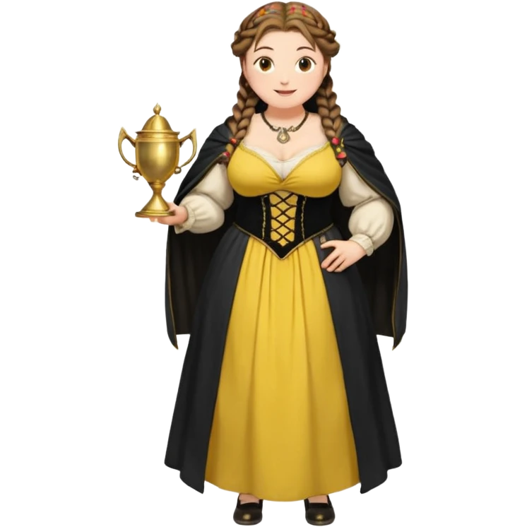 Helga Hufflepuff,brown-haired,2 braids,yellow-black medieval open dress,deep neckline,fat macromastia,black cloak decorated with gold braiding,gold cup with two handles,very kind smile,curvy busty sweet woman,round rosy cheeks,full length with medieval shoes emoji