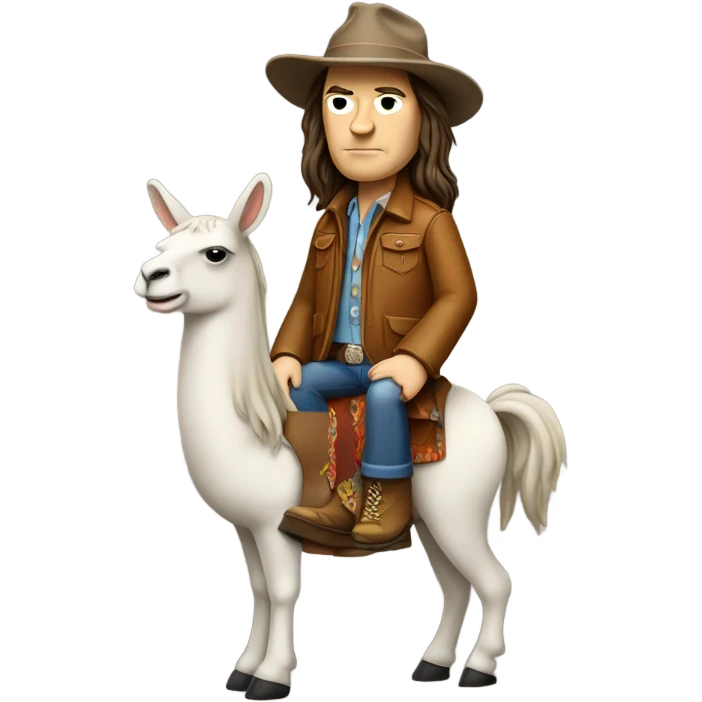 Neil young from the 70’s riding a llama emoji