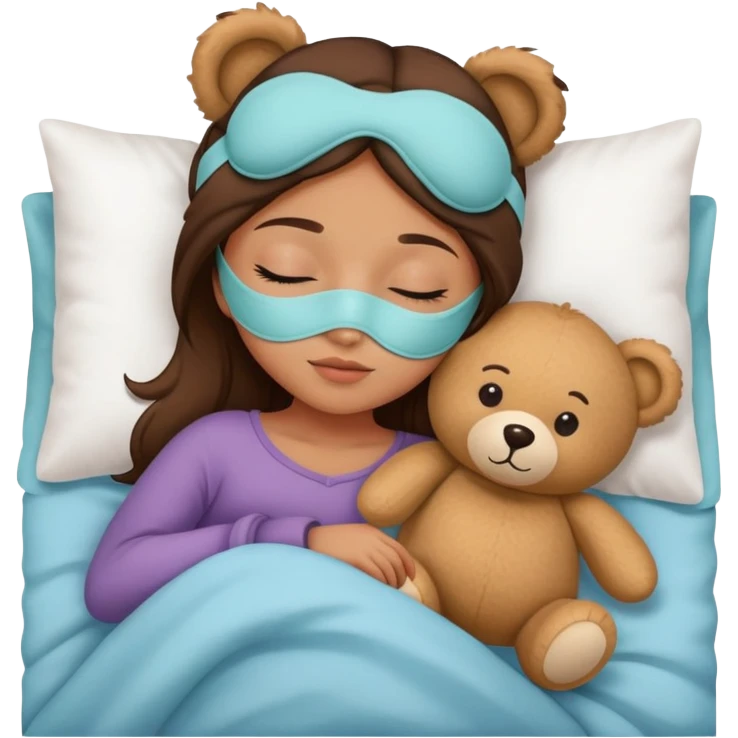 A girl Wearing a cute sleep mask is sleeping with a Teddy Bear emoji