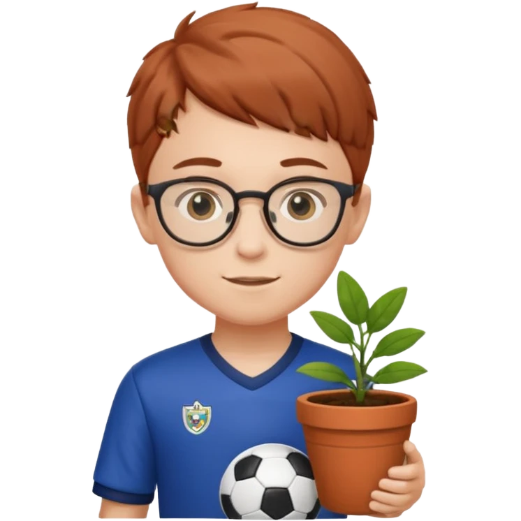 young boy wearing glasses, wearing soccer uniform, holding a plant pot emoji