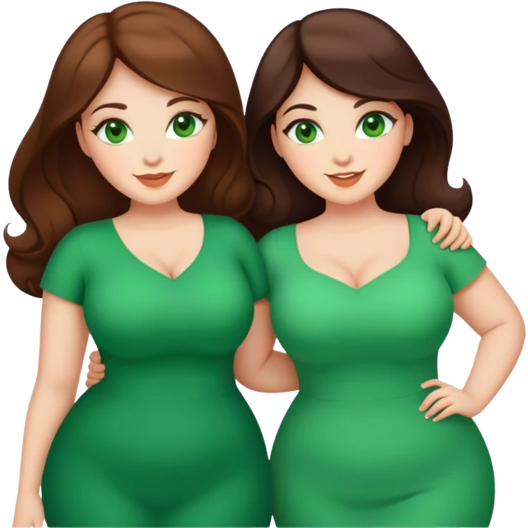 Happy curvy sisters, brunettes, green eyes emoji