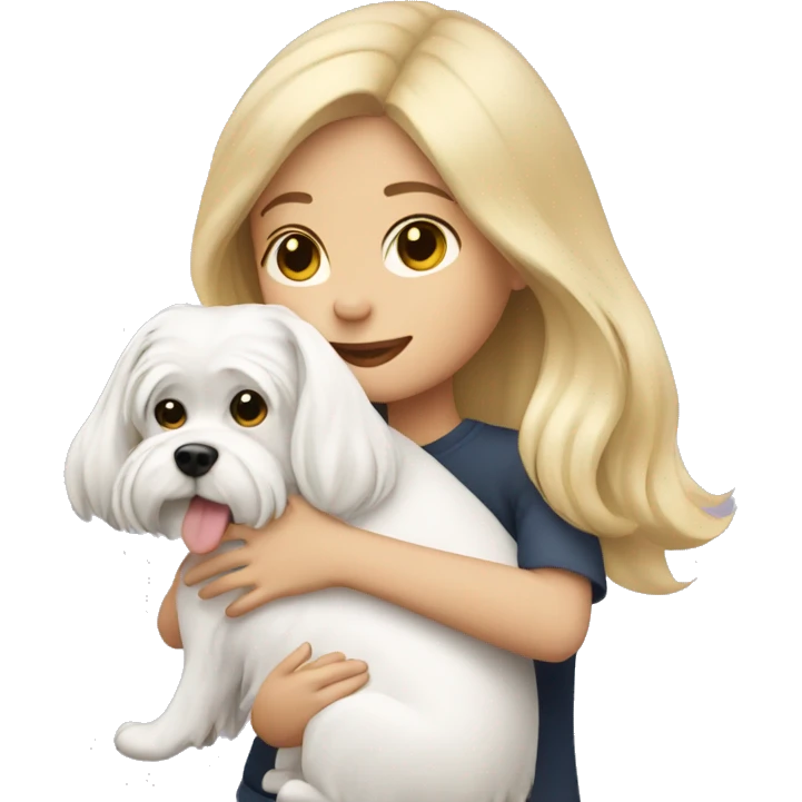 Girl with blonde hair hugging a Maltese dog emoji