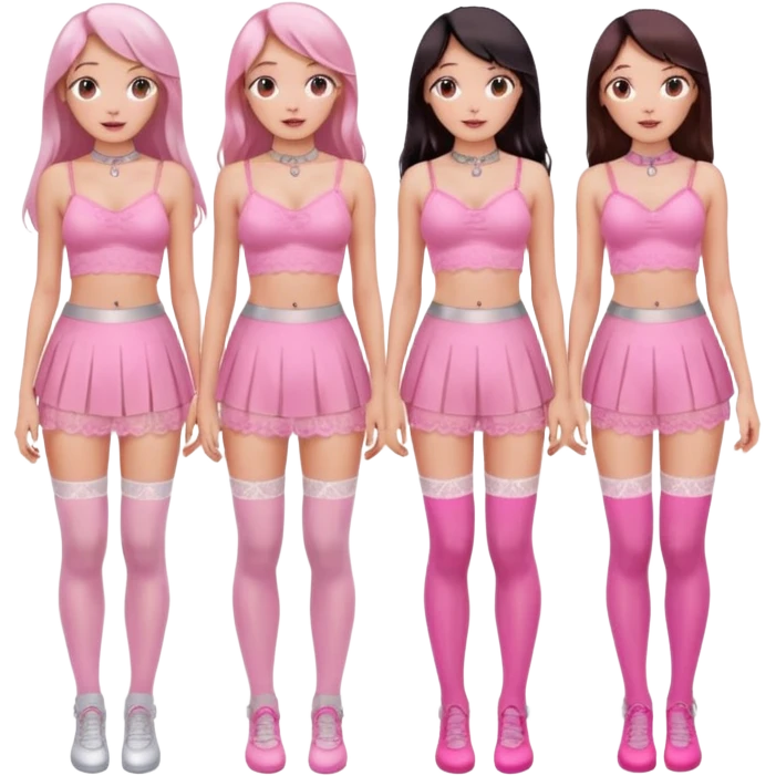 offering a group of girls. a big family scandinavian from female only young small.
. and different sizes long hair color. gooner gonzo sissy feminine pink lingerie dress crop top skirt thigh socks. close up detailed shot. white and silver accessories choker hoop earrings. emoji