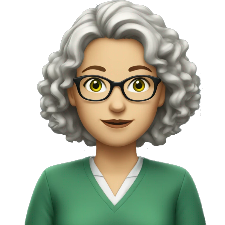 a female teacher with green eyes and grey,short and curly h emoji
