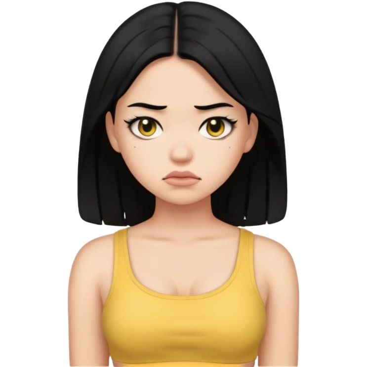 OnlyFans model with black hair, wearing a crop top, frowning, emoji style emoji