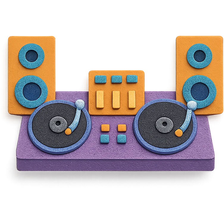 DJ setup with turntables, mixer, and speakers, colorful layered paper look emoji