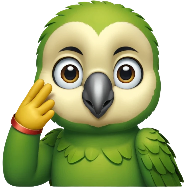 Green parrot face which doing a 'yes sir' gesture (right hand is raised in a military-style salute, with the fingers touching the forehead; The eyes are looking straight ahead, giving off a sense of respect, acknowledgment, or dut) emoji