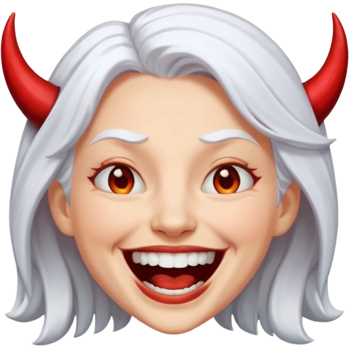 White haired woman laughing at the devil emoji
