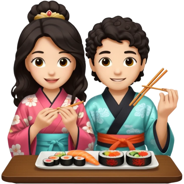 czarnowłosa ksieżniczka w dlugich wlosach je sushi z chłopakiem o czarno brązowych kręconych włosach i są zadowoleni emoji