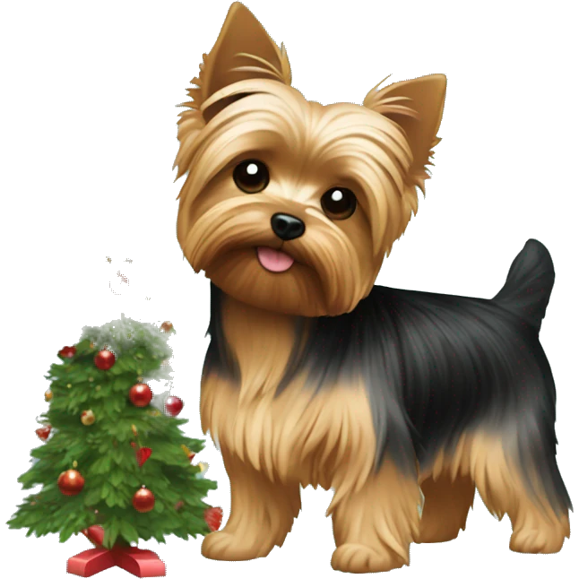 Yorkie by a Christmas tree emoji