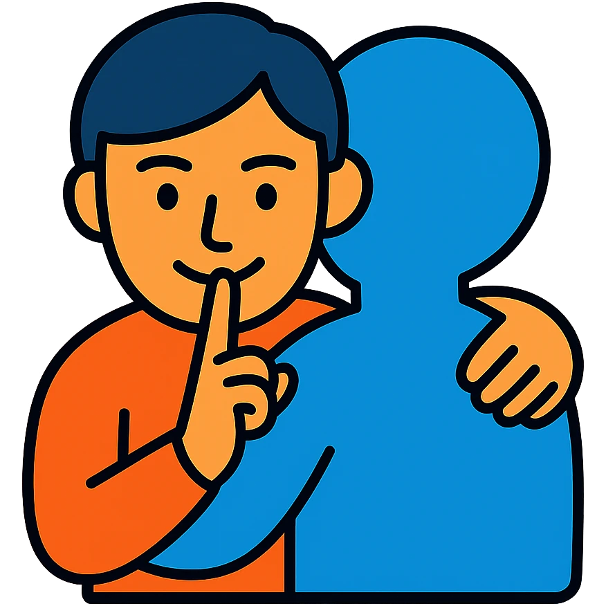 A person hugging another person with a mysterious smile and a finger to their lips emoji