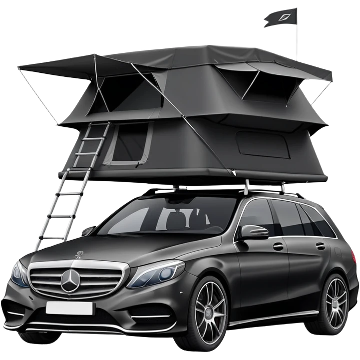black Mercedes Benz car with roof tent emoji