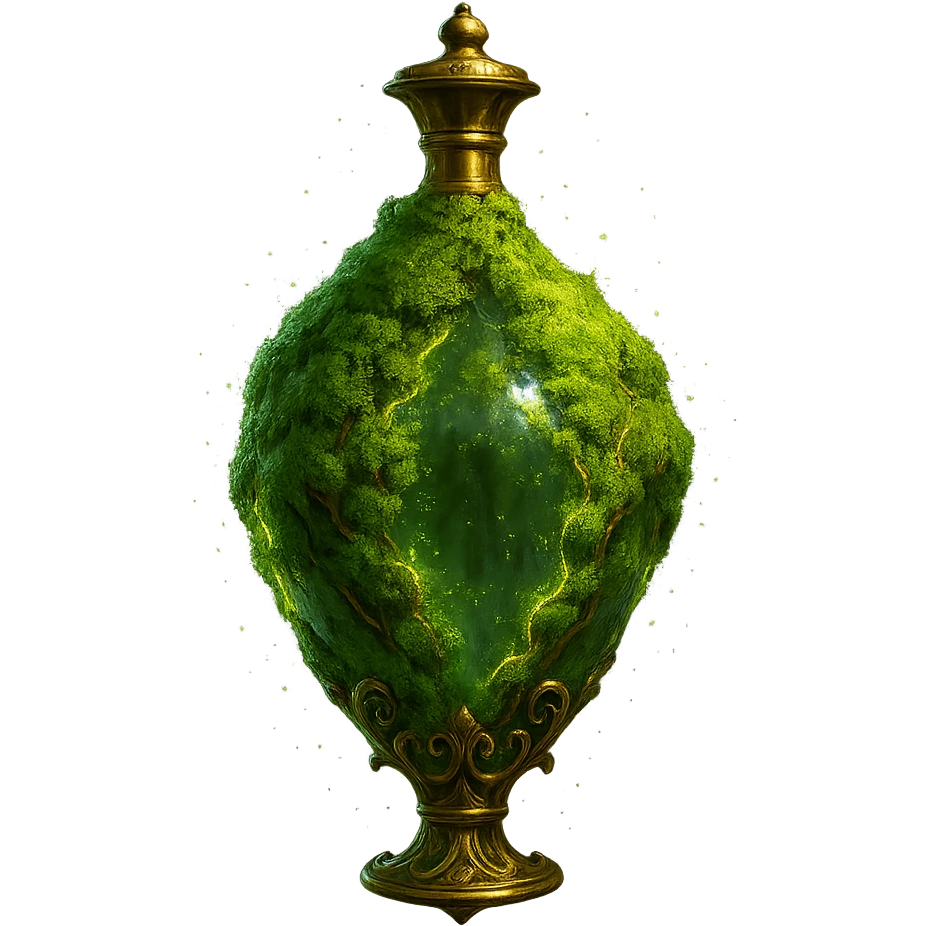 premium class crystal elixir bottle covered with living green moss, lots of glowing edges, ornate golden details, magical effects, very small golden neck, beautiful merging base, clearly floating in air, no base or shadow, very luxurious, natural, magical, fits collection, transparent background emoji
