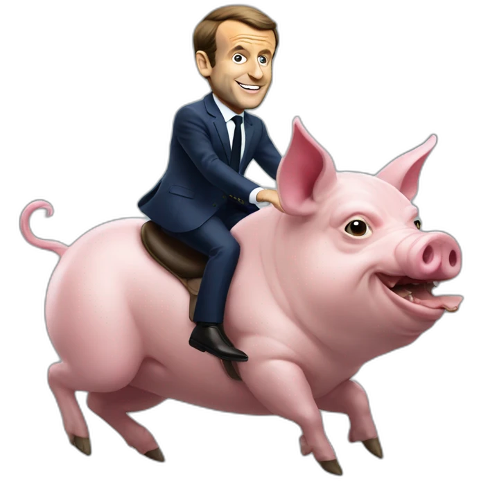 Emmanuel Macron riding an alien pig emoji