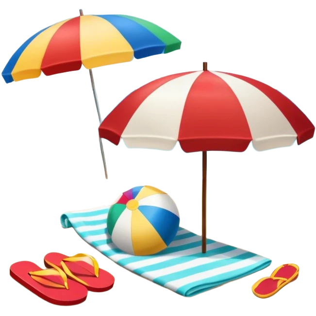 Icon for Beach Tourism: a sandy beach with a beach umbrella, with the ocean landscape in the background, flip-flops, a towel and a beach ball. The icon should capture the relaxation and fun of beach vacations. Transparent background. emoji