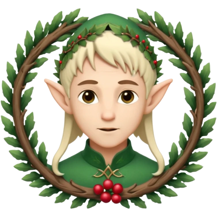 Fantasy elf portrait emoji, winter forest wreath made of pine branches and berries, elven ears visible, calm elegant expression, clean simple design, soft winter colors, flat emoji style, high readability, male variant
 emoji