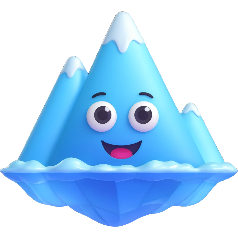 Apple Memoji style: adorable 3D iceberg emoji, glossy icy texture, white and pale blue, rounded, shiny, big cartoon eyes, small smile, floating in calm ocean, Pixar-style, soft lighting, minimal emoji