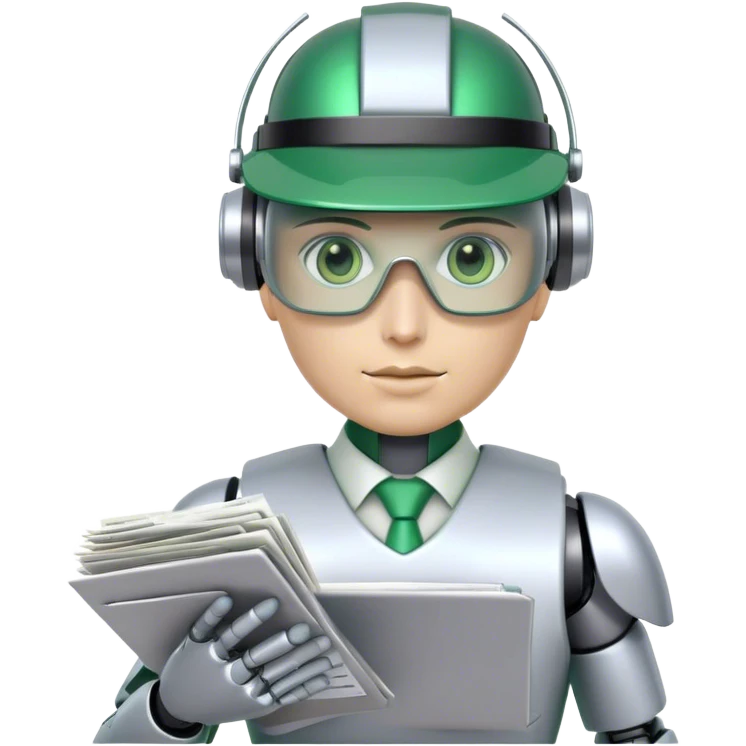 human like robot bookkeeper wearing an accountants Green eyeshade dealer's visor  and holding spreadsheets emoji