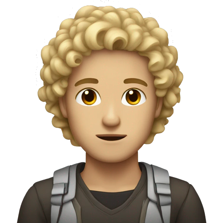 dark brown eyes, very very curly blonde short hair guy, serious face, light skin emoji