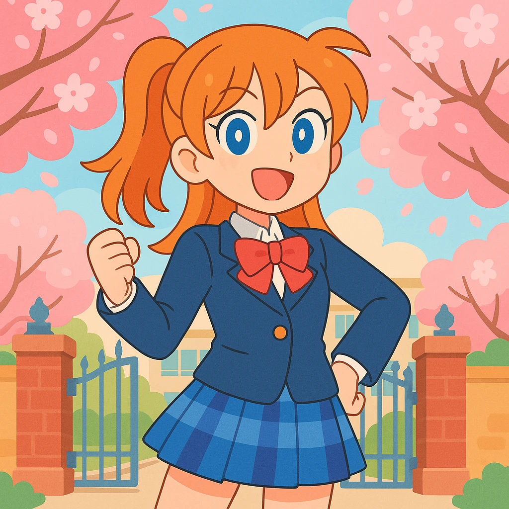 cheerful anime schoolgirl with orange hair, blue eyes, school uniform, spring cherry blossoms, confident pose, lively school gate background, Love Live! style emoji
