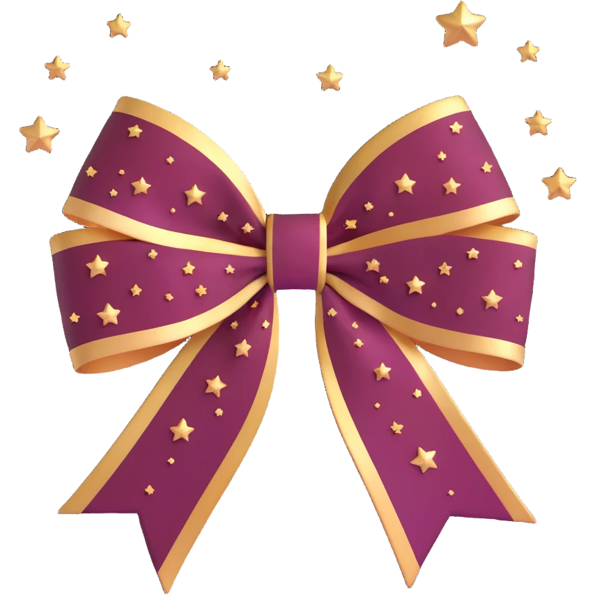 sparkly burgundy bow with gold outline, soft gradient, and small stars emoji