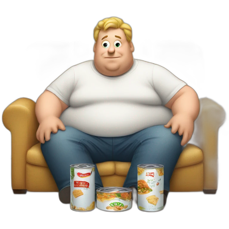 a fat white dude sitting on a couch gobbling down 3 tins of lasagna emoji