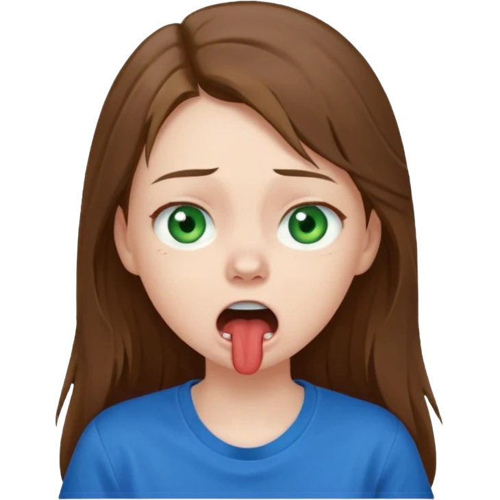Cute girl with pale skin, long brown hair, green eyes and blue t shirt who is chocked emoji