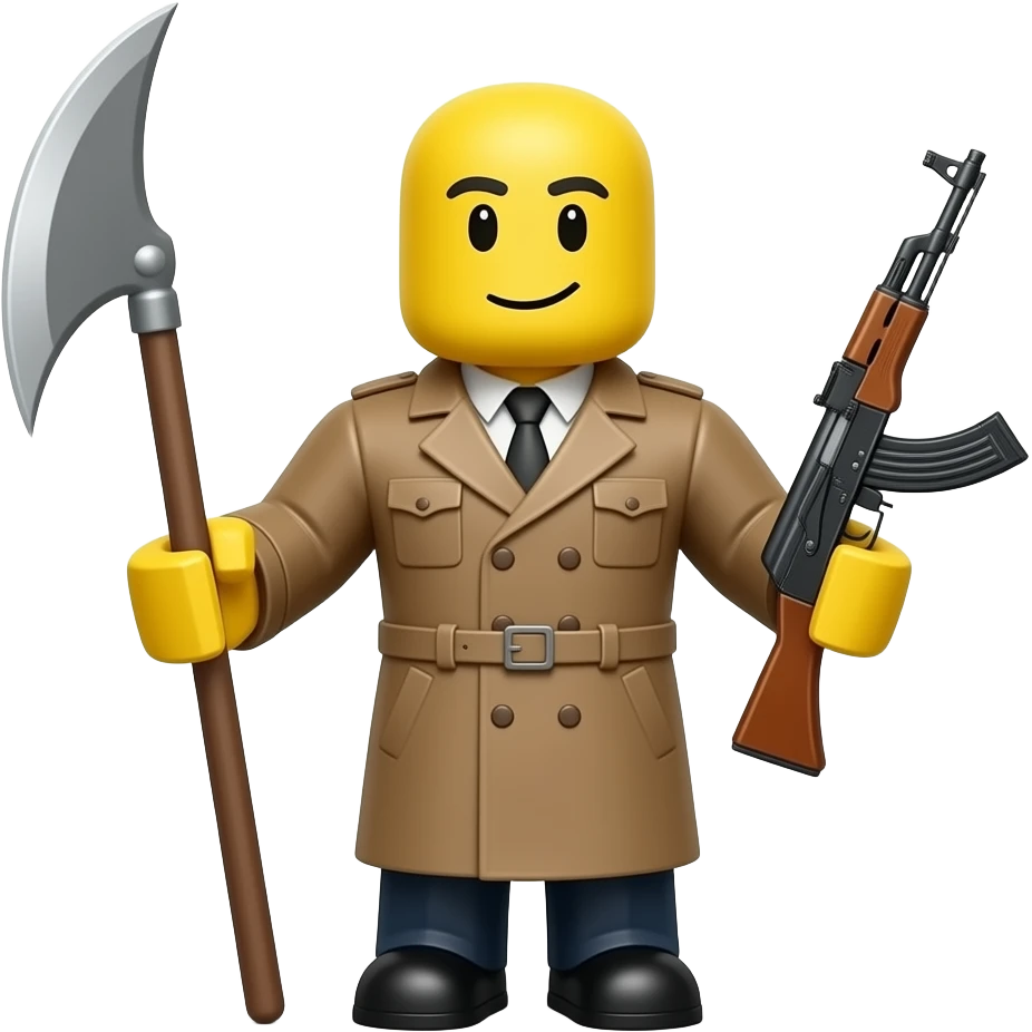 VIADIMIR KOLTSOV (roblox character who is yellow hes bald and is holding a sickle and a ak47 and has a brown trenchcoat emoji