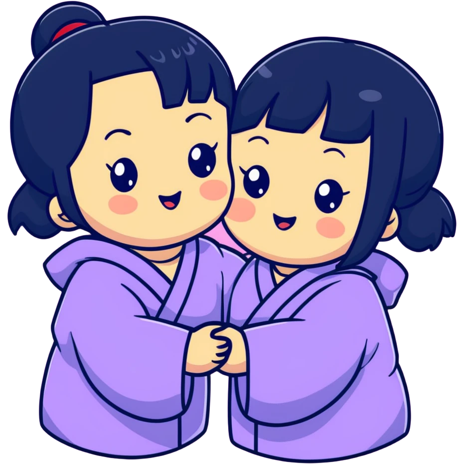 Two adorable Japanese girls with black hair and Asian features, their cheeks touching, kawaii style emoji