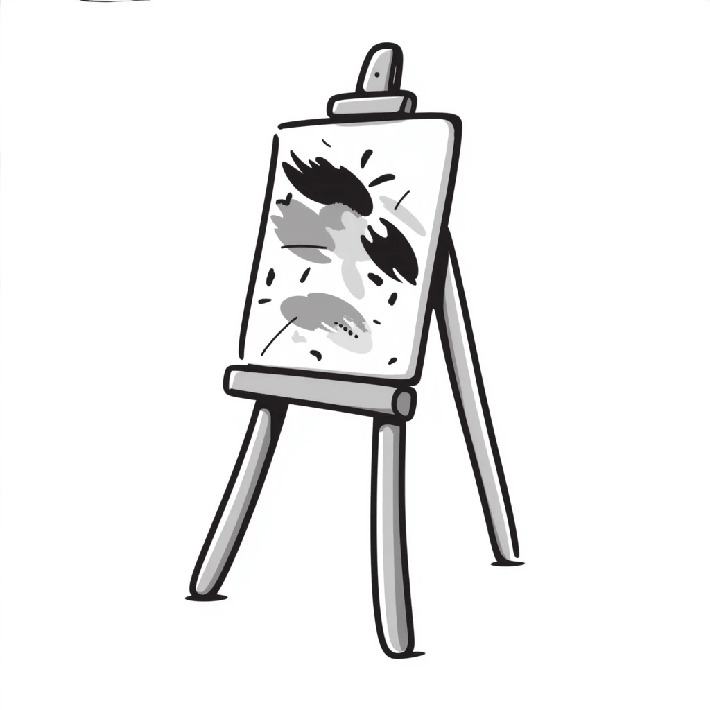 A wooden artist easel/painter's easel with a canvas in pastel colors (dd9fb0, ffc6d3, a3bfc9, c4bee2, f1b091), hand-drawn doodle style emoji