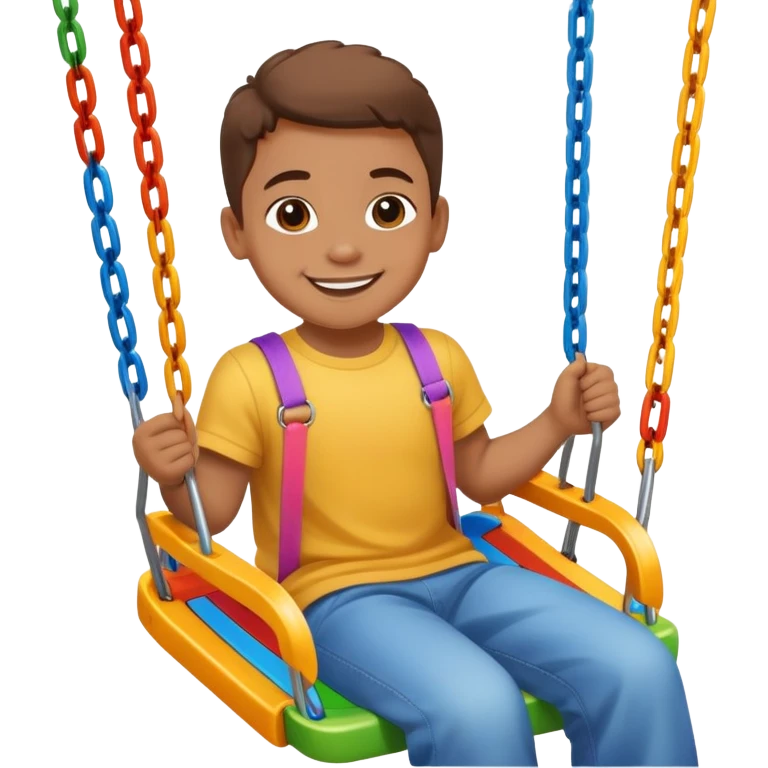 a colorful swing set with a smiling child, fun and friendly emoji