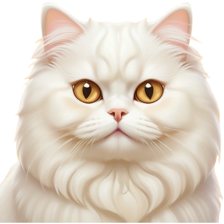 Cinematic Comical White Persian Cat Portrait Emoji, Head tilted playfully with a touch of sass, fluffy white fur with subtle hints of cream and golden tones, Simplified yet hilariously chubby features, highly detailed, glowing with a warm, friendly glow, high shine, a mix of lazy and curious, stylized with a touch of whimsy, bright and endearing with a comical expression, soft glowing outline, capturing the essence of a mischievous yet chubby, fluffy kitty, so endearing it feels like it could stretch out of the screen and demand attention with its cheeky charm! emoji