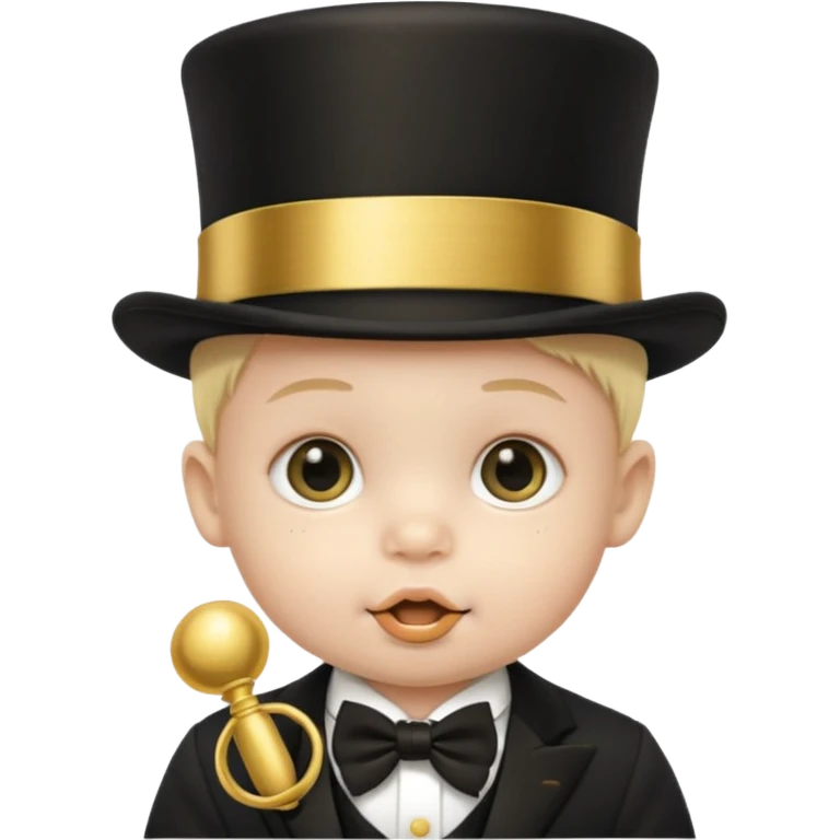 a baby's face in a black top hat with a gold stripe and a gold pacifier emoji