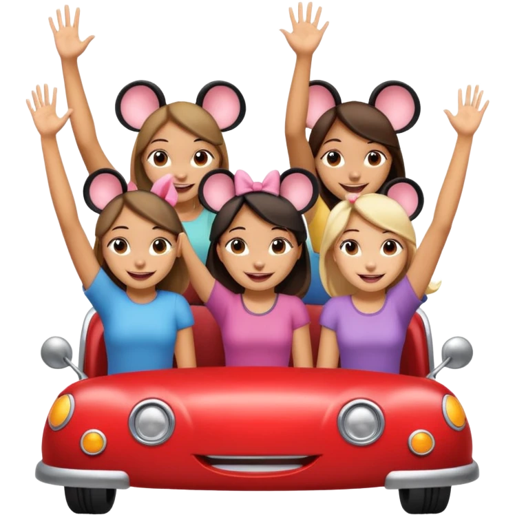 quatro chicas montadas en una atraccion de levantando la mano con orejas de dines puestas emoji