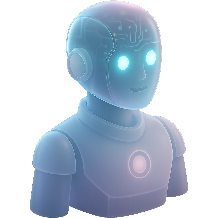 futuristic AI-Ambassador, robot with transparent head showing circuitry, soft pastel lights, approachable and modern in matte glass style emoji