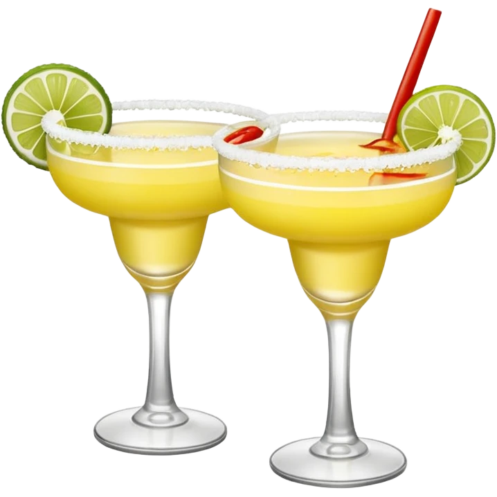 2 margarita cocktails. one is the classic margarita: yellowy with salt on the rim and a lemon. the other one is a spicy margarita: slightly more red color with a small red chili pepper instead of a lemon on the rim  emoji