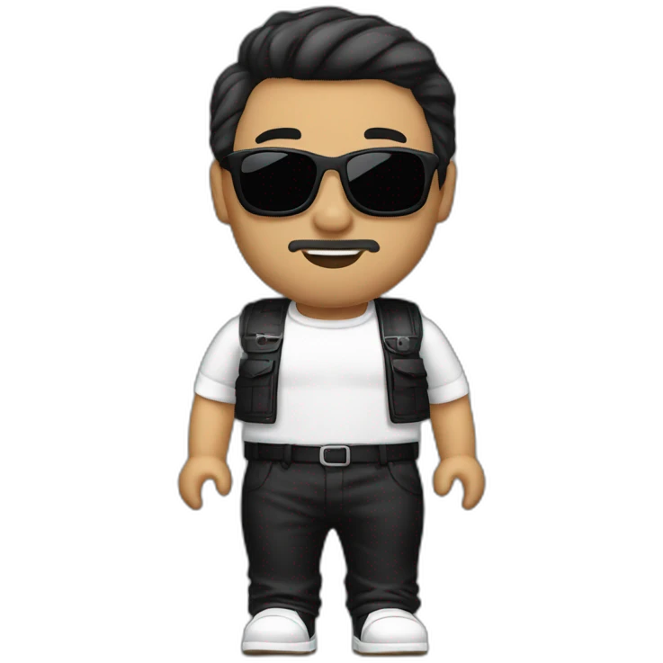Man a 27 years , white skin , with black  sunglasses , black high neck , brawn vest , black pantaloon, brawn shoes with black watch  emoji