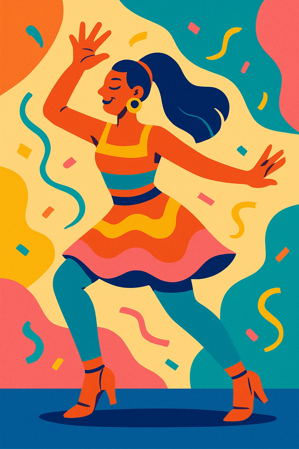 a single dancer mid-salsa move, colorful outfit, dynamic pose, party vibe emoji