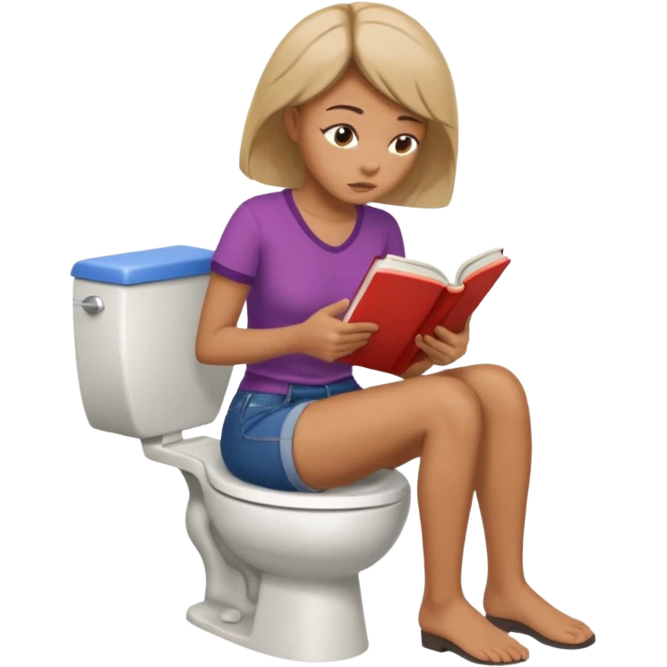 A woman is sitting on the toilet, her pants are pulled down and she it reading a book. She is struggling because she tries to poop. Side view emoji